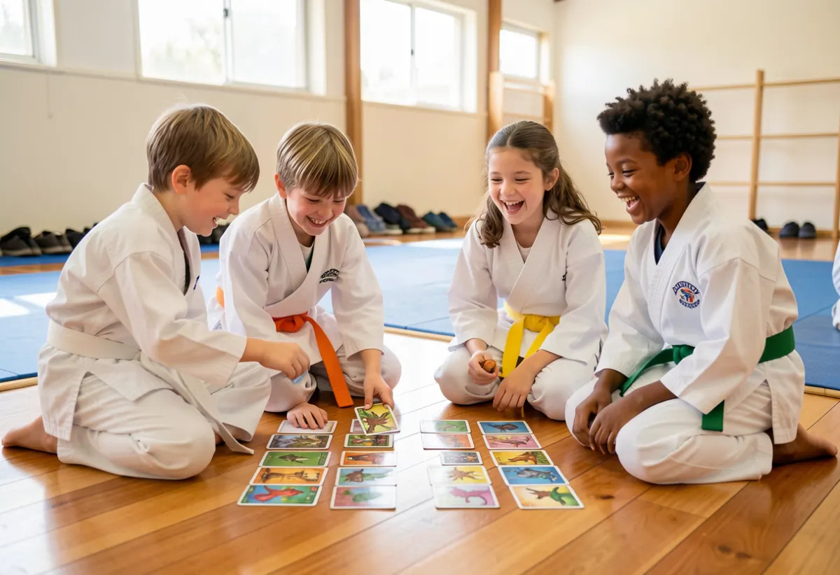 Kids in gis playing Belt Beasts on the dojo floor