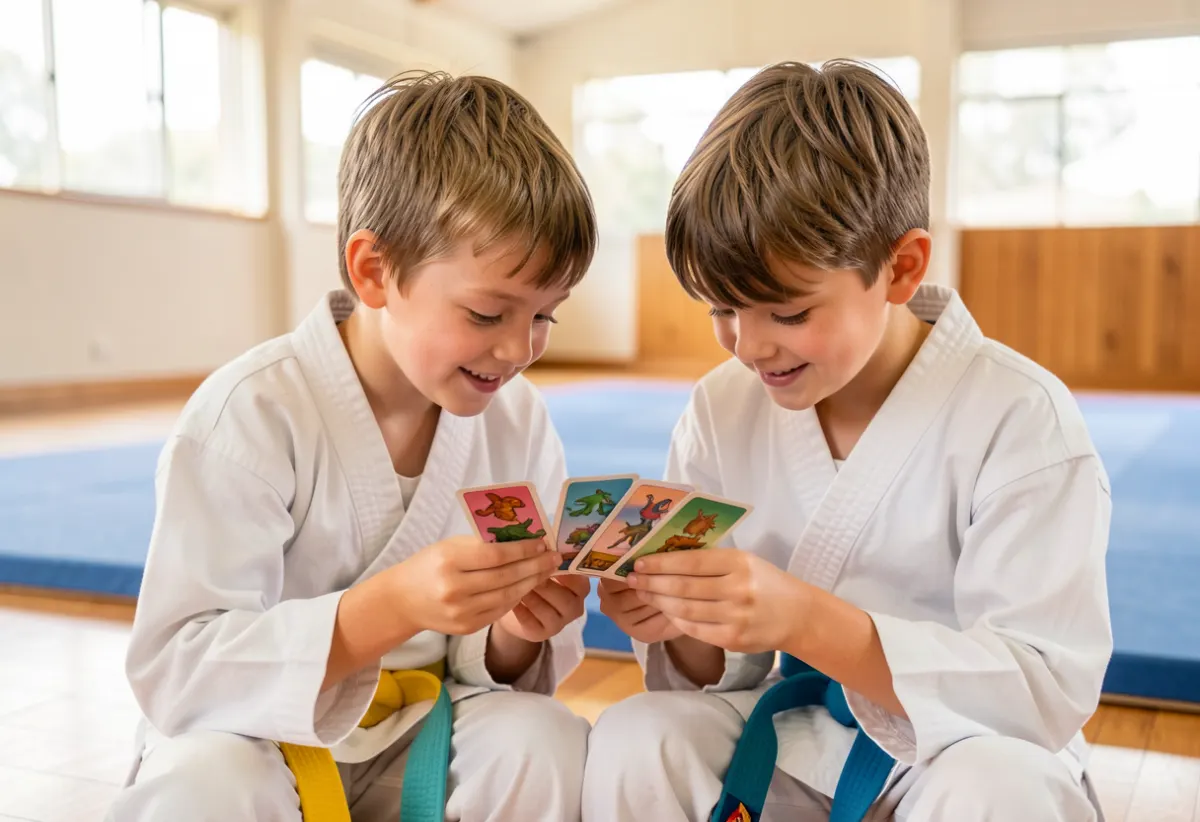 Two students trading cards