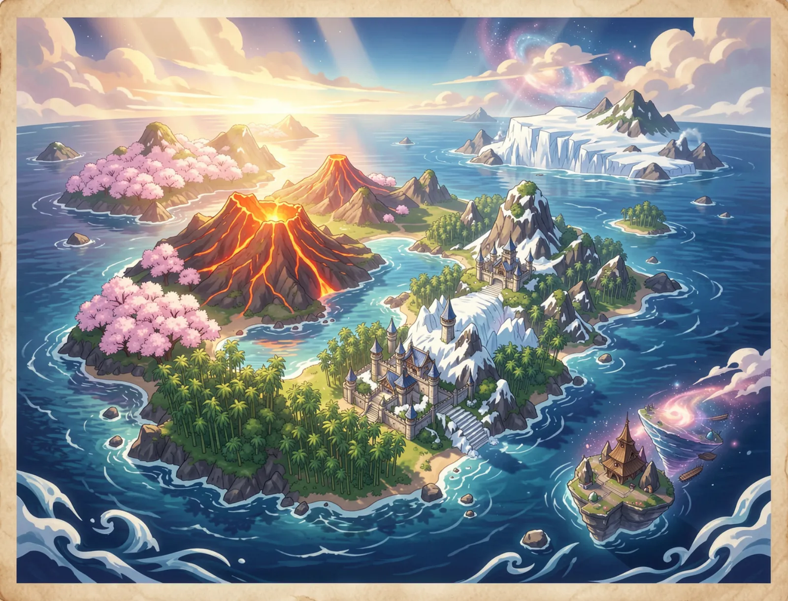 Painted map of Shurijima: blossom islands, a volcano, a white castle, a glacier and floating temples in the Kiai Sea