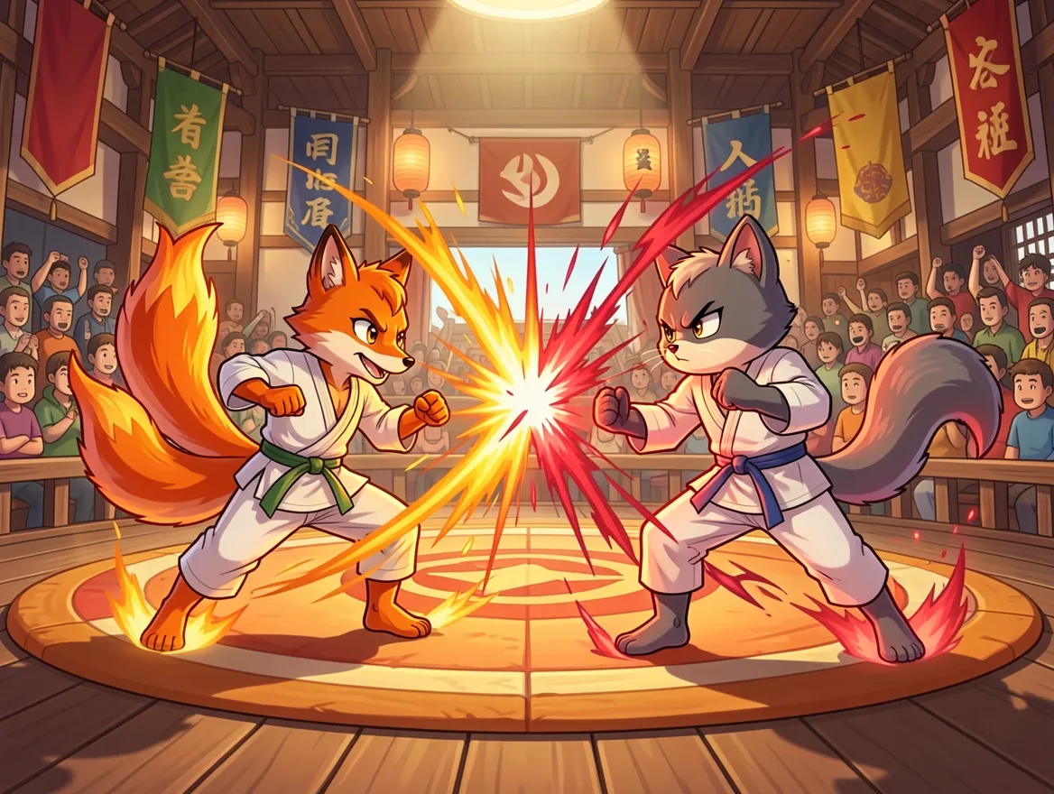 Dojo Legends battle: Tobika versus Kai in the Ember Hollow arena